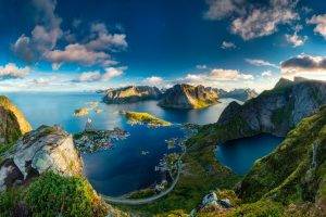 nature, Landscape, Sea, Clouds, Sunlight, Sun, Mountain, Rock, Norway, Town, Road, Island
