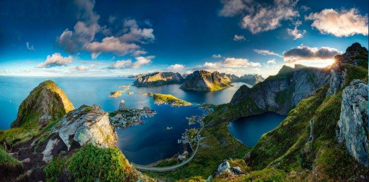nature, Landscape, Sea, Clouds, Sunlight, Sun, Mountain, Rock, Norway, Town, Road, Island HD Wallpaper Desktop Background