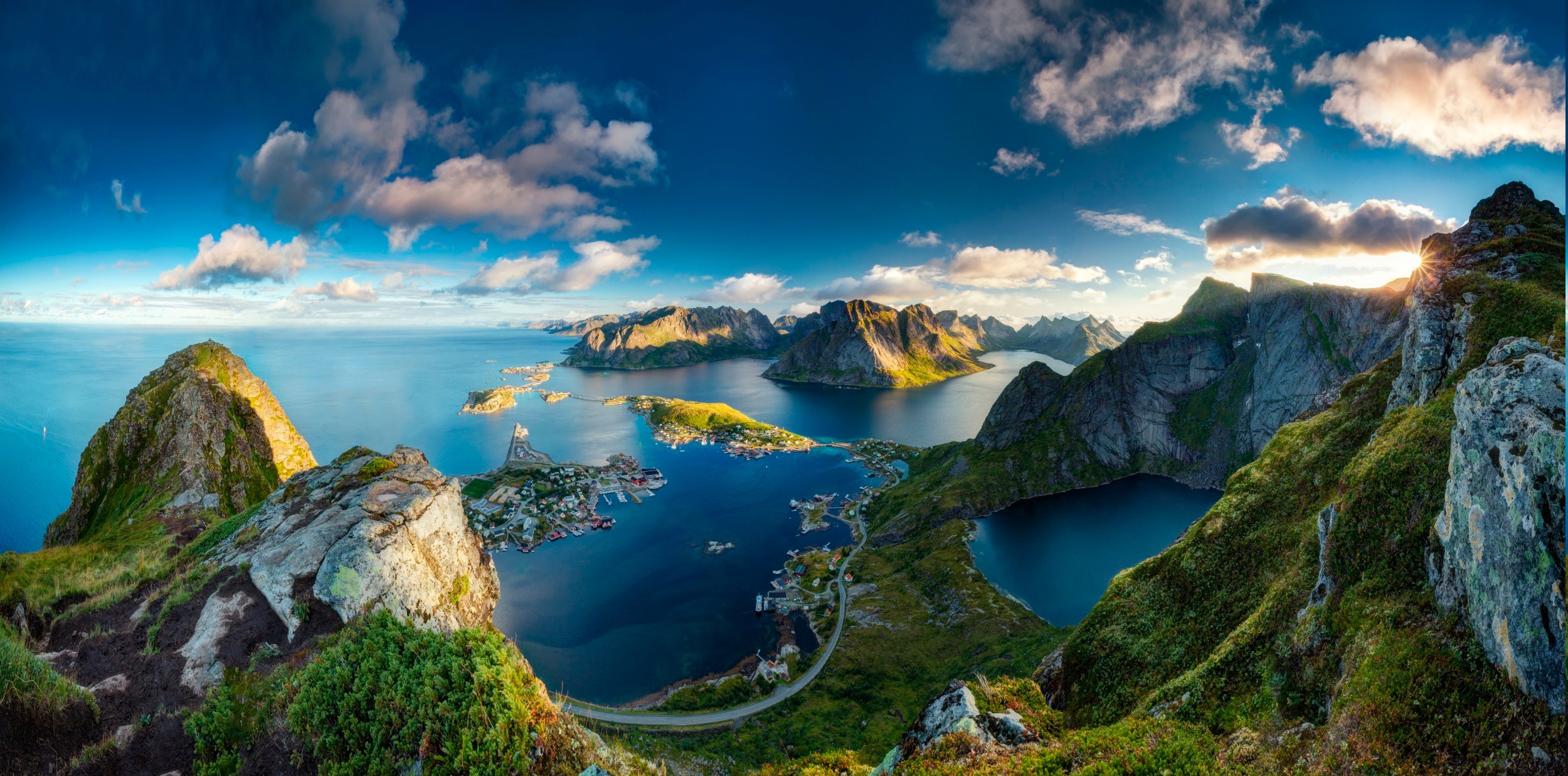 nature, Landscape, Sea, Clouds, Sunlight, Sun, Mountain, Rock, Norway, Town, Road, Island Wallpaper