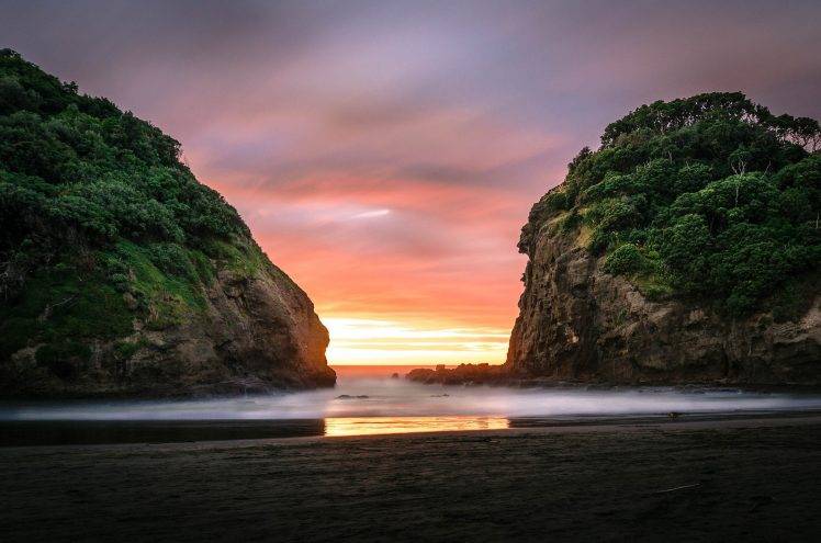 nature, Landscape, Sunset, Beach, Sea, Rock, Sand, Clouds, New Zealand, Long Exposure, Trees HD Wallpaper Desktop Background