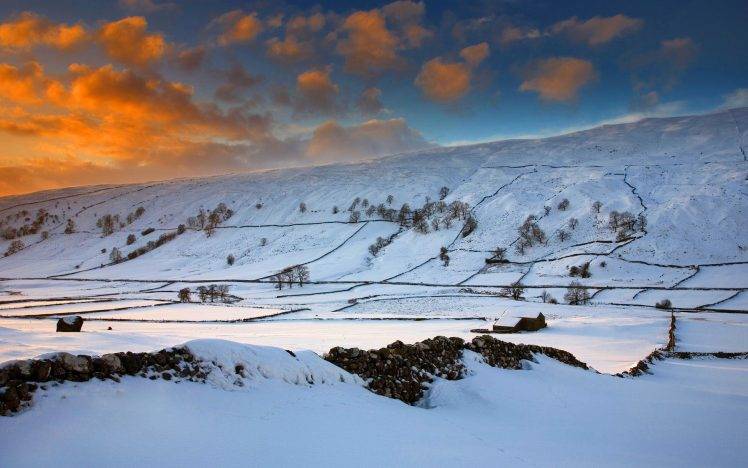 nature, Landscape, Winter, Snow, Clouds, Sunset, Trees, Rock, Hill, Field HD Wallpaper Desktop Background