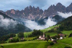 nature, Landscape, Mountain, Clouds, Trees, Italy, Dolomites (mountains), Mist, Forest, Church, Hill, House, Field