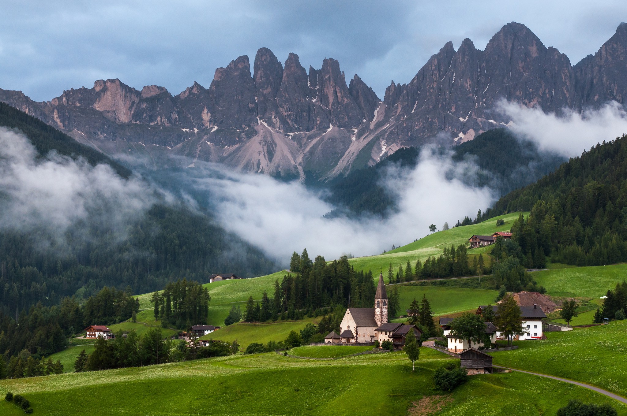 nature, Landscape, Mountain, Clouds, Trees, Italy, Dolomites (mountains), Mist, Forest, Church, Hill, House, Field Wallpaper