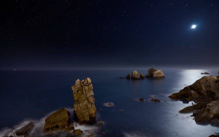 nature, Landscape, Night, Moon, Rock, Long Exposure, Sea, Stars, Horizon, Waves HD Wallpaper Desktop Background