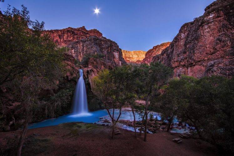 nature, Landscape, Night, Moon, Rock, Long Exposure, Arizona, Grand Canyon, USA, Trees, Waterfall, Water, Mountain, Bench HD Wallpaper Desktop Background