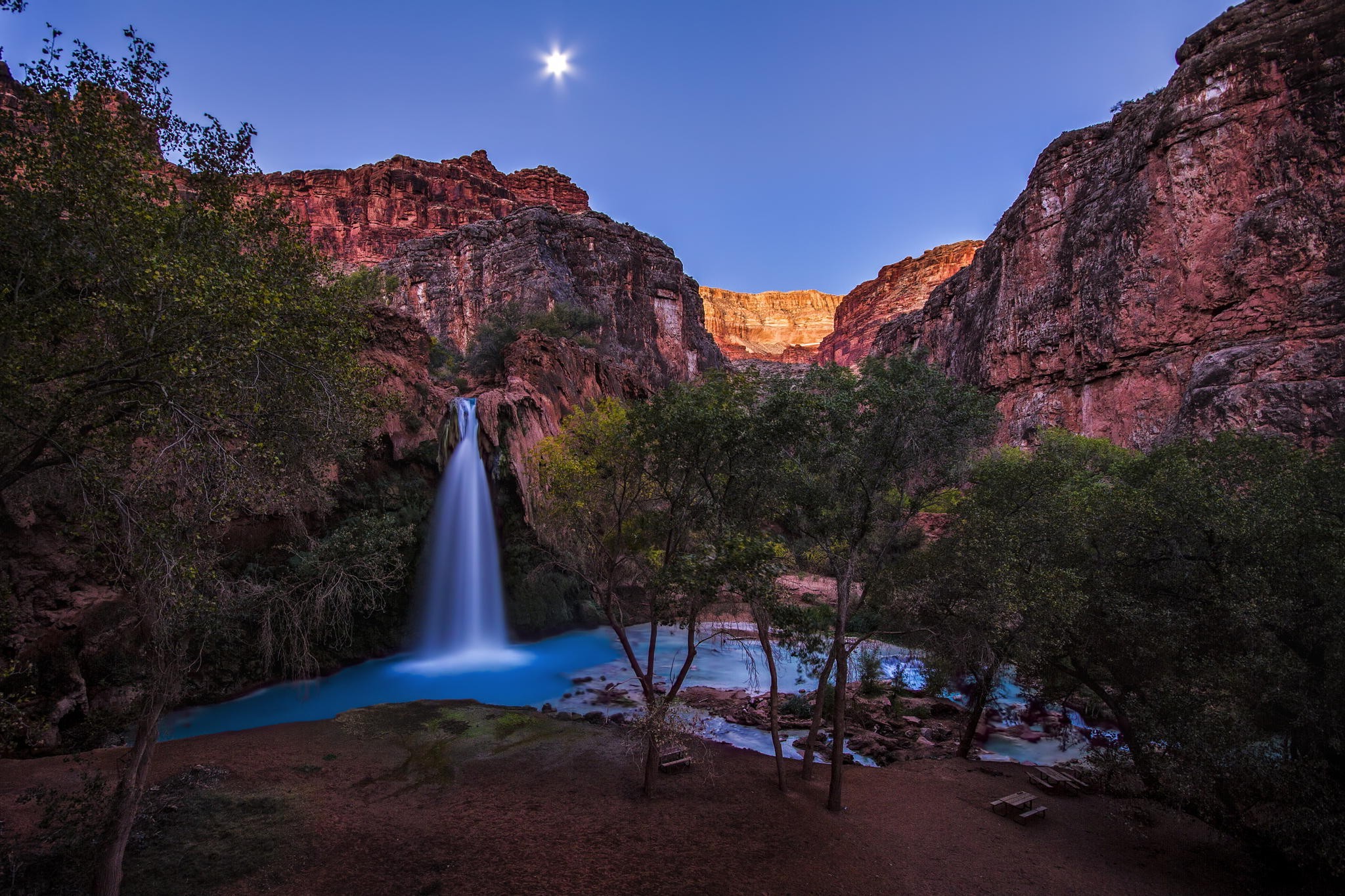 nature, Landscape, Night, Moon, Rock, Long Exposure, Arizona, Grand Canyon, USA, Trees, Waterfall, Water, Mountain, Bench Wallpaper