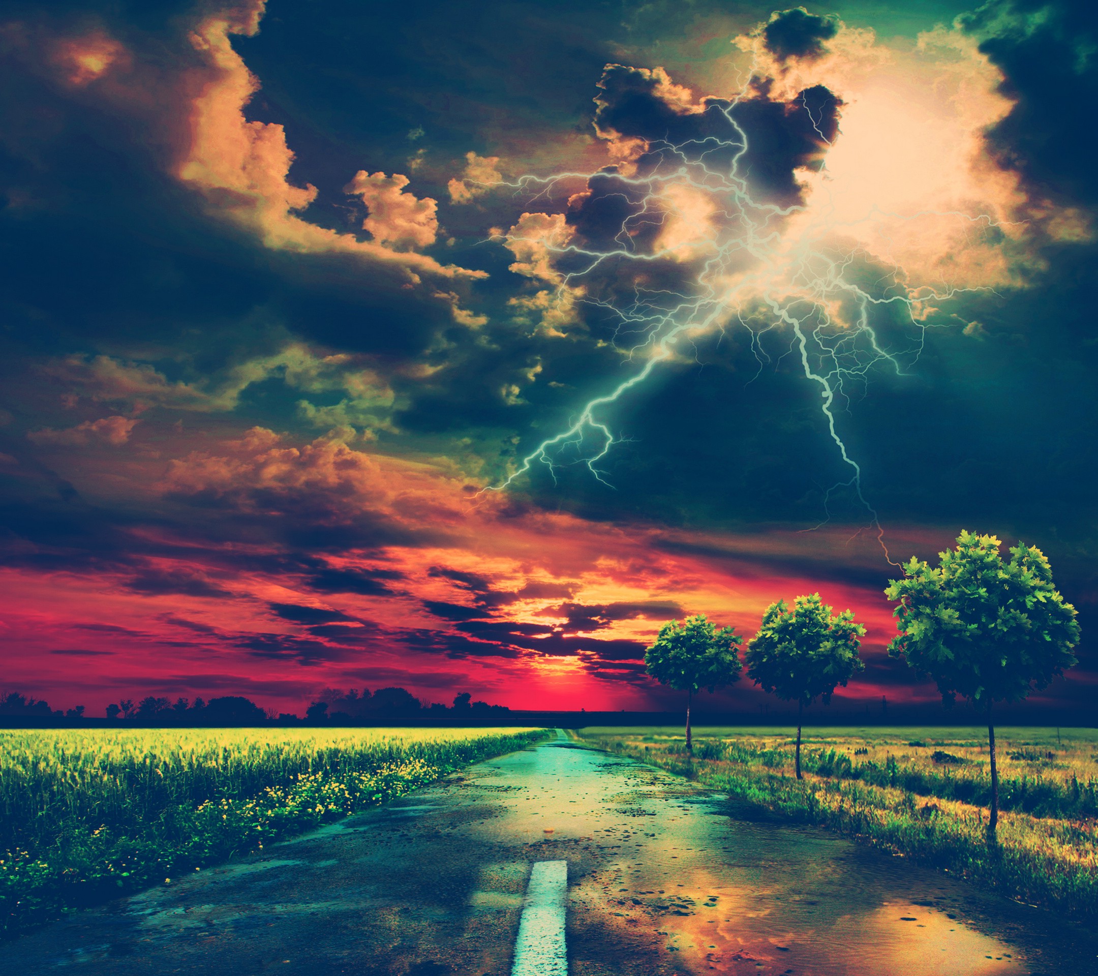 landscape, Road, Lightning, Storm Wallpaper