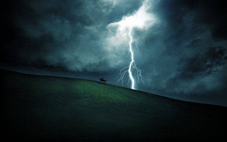 nature, Landscape, Clouds, Lightning, Digital Art, Rain, Horse, Hill, Cowboys, Field, Storm HD Wallpaper Desktop Background