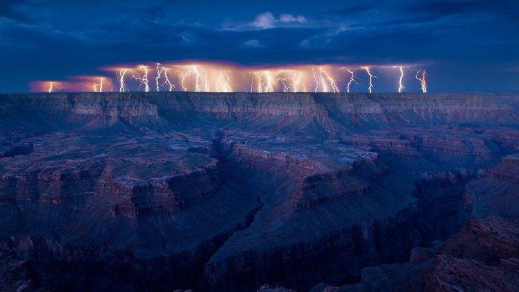 nature, Landscape, Clouds, Lightning, USA, Grand Canyon, Horizon, Long Exposure, Rock, Rock Formation, Valley HD Wallpaper Desktop Background
