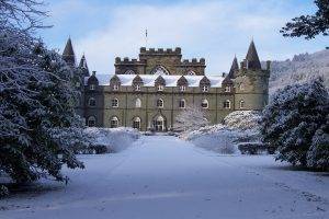 architecture, Landscape, Castle, Trees, Scotland, Winter, Snow, Forest, Building, Old Building, UK