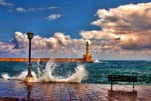 nature, Architecture, Landscape, Clouds, Horizon, Crete, Greece, Lighthouse, Sea, Waves, Lamps, Bench, Coast