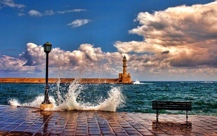 nature, Architecture, Landscape, Clouds, Horizon, Crete, Greece, Lighthouse, Sea, Waves, Lamps, Bench, Coast HD Wallpaper Desktop Background