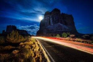 night, Road, Utah, USA, Landscape, Arches National Park