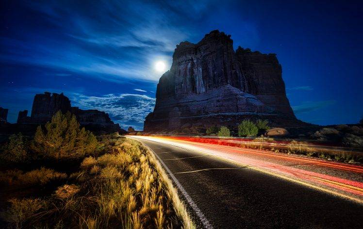 night, Road, Utah, USA, Landscape, Arches National Park HD Wallpaper Desktop Background