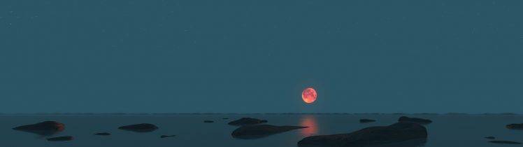 landscape, Sunset, Lake, Sea, Nature, Moon, Night, Artwork, Digital Art HD Wallpaper Desktop Background