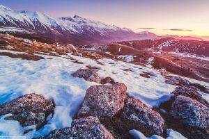 nature, Landscape, Rock, Snow, Mountain, Sunset, Winter