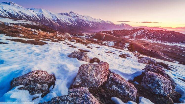 nature, Landscape, Rock, Snow, Mountain, Sunset, Winter HD Wallpaper Desktop Background