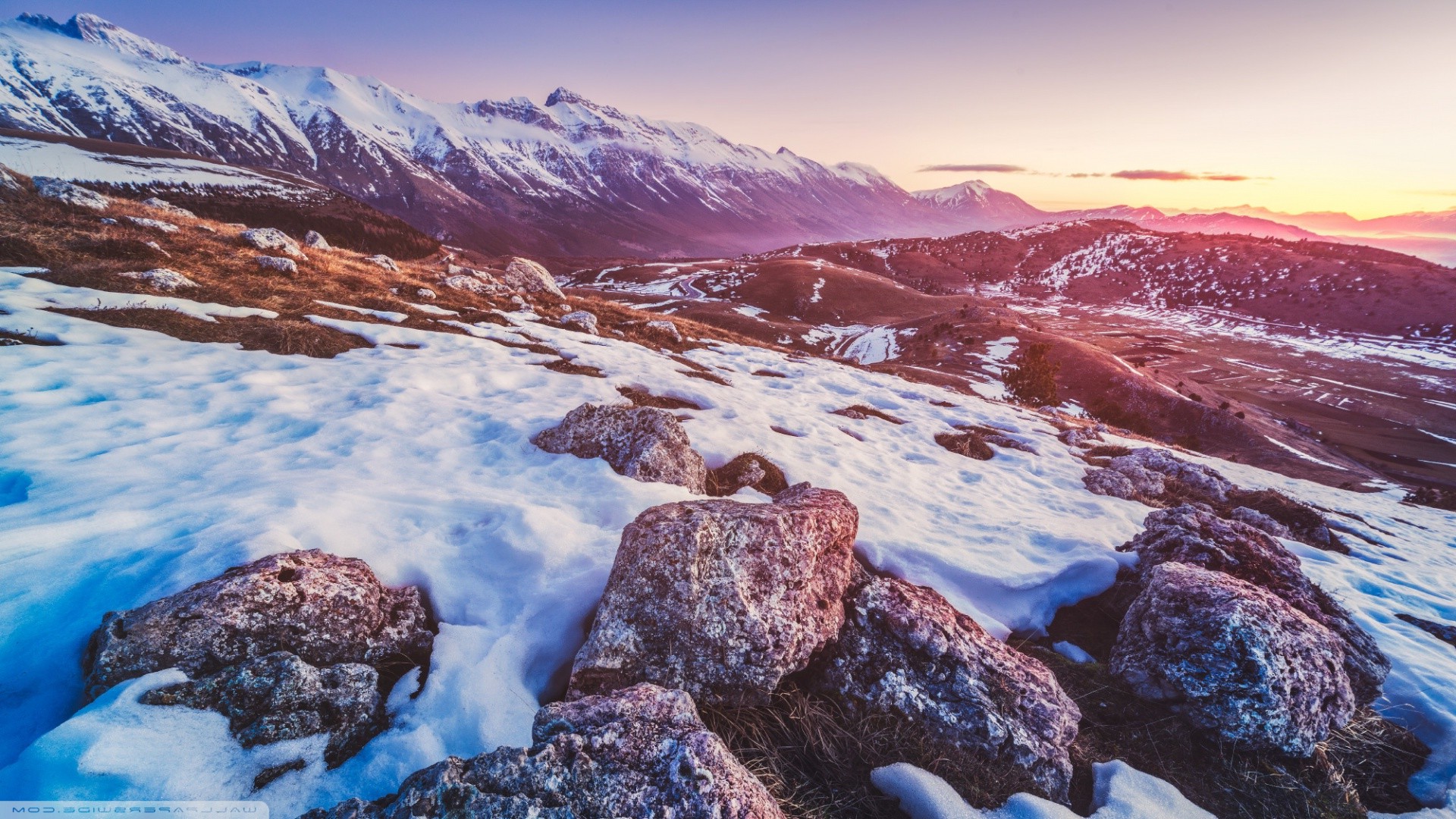nature, Landscape, Rock, Snow, Mountain, Sunset, Winter Wallpaper