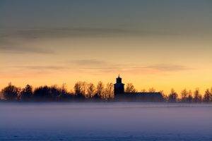 nature, Architecture, Landscape, Mist, Church, Winter, Snow, Trees, Field, Clouds, Switzerland, Sunset