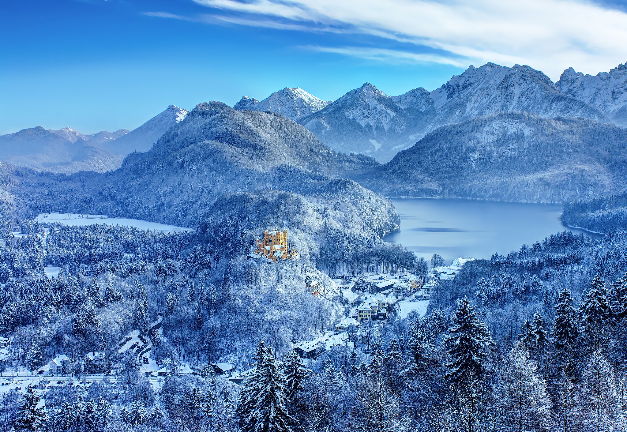 nature, Landscape, Mountain, Trees, Forest, Germany, Winter, Snow, Castle, House, Lake, Clouds Wallpaper