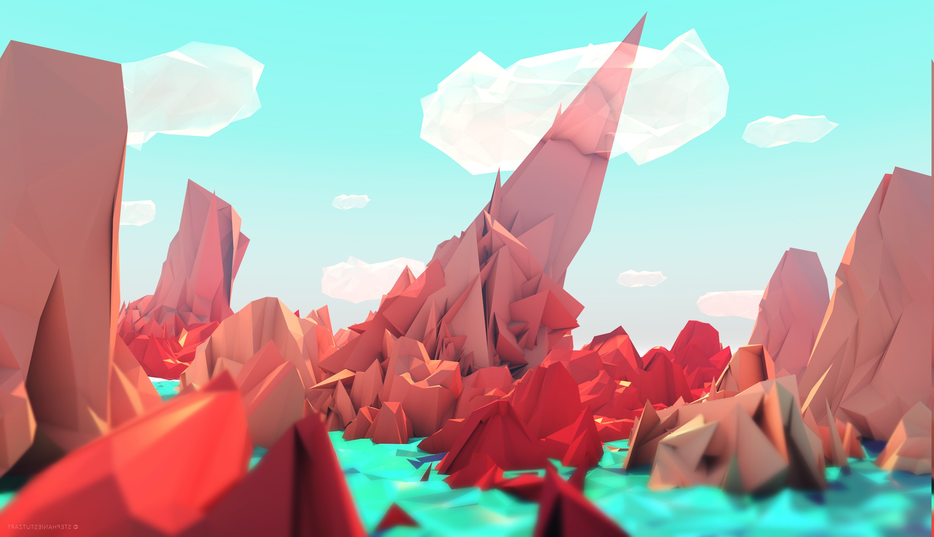 low Poly, Landscape, Digital Art, Artwork, Red, Blue Wallpaper