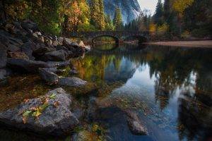 nature, Landscape, Rock, Bridge, Water, River, Trees, Forest, Mountain, Leaves, Reflection