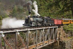 nature, Landscape, Rock, Bridge, Trees, Forest, USA, Steam Locomotive, Train, Railway, Men
