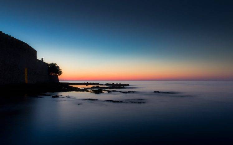 nature, Sunset, Landscape, Sea, Coast, Rock, Sky, Building, Silhouette HD Wallpaper Desktop Background
