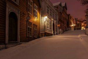 nature, Winter, Snow, Norway, Town, House, Night, Lights, Hill, Trees, Fence, Street, Landscape