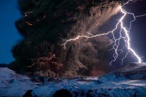 nature, Landscape, Winter, Snow, Volcano, Rock, Smoke, Lightning, Long Exposure, Iceland