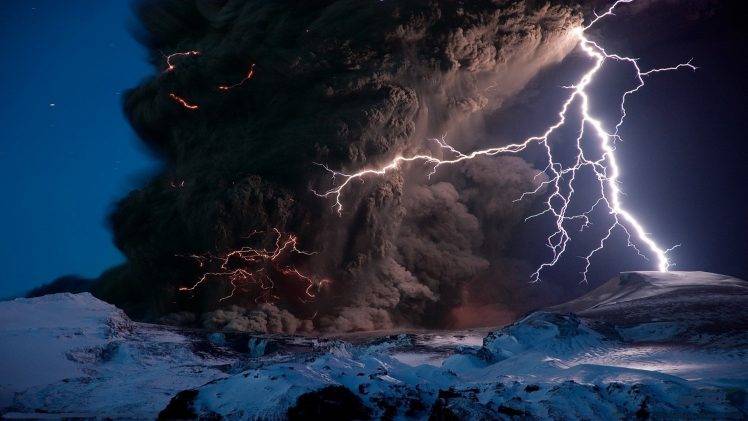 nature, Landscape, Winter, Snow, Volcano, Rock, Smoke, Lightning, Long Exposure, Iceland HD Wallpaper Desktop Background