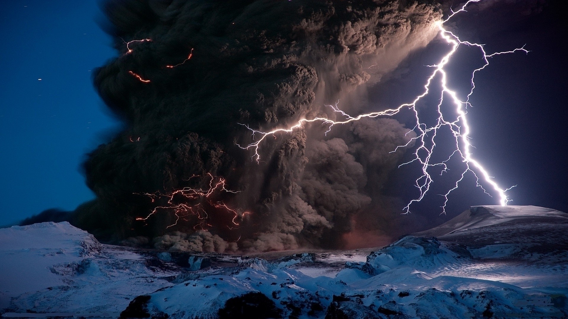 nature, Landscape, Winter, Snow, Volcano, Rock, Smoke, Lightning, Long Exposure, Iceland Wallpaper
