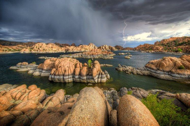 nature, Landscape, Lightning, Lake HD Wallpaper Desktop Background