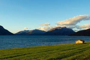 nature, Landscape, Hill, Norway, Sea, Mountain, House, Clouds