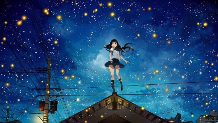 night, Power Lines, Rooftops, Stars, Anime Girls, Original Characters, Fireflies, Utility Pole HD Wallpaper Desktop Background