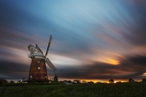 nature, Landscape, Architecture, Old Building, Trees, Windmills, Sunlight, Clouds, Field, Long Exposure, England