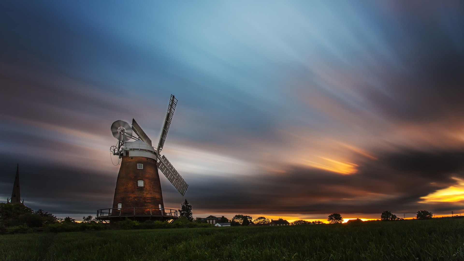 nature, Landscape, Architecture, Old Building, Trees, Windmills, Sunlight, Clouds, Field, Long Exposure, England Wallpaper