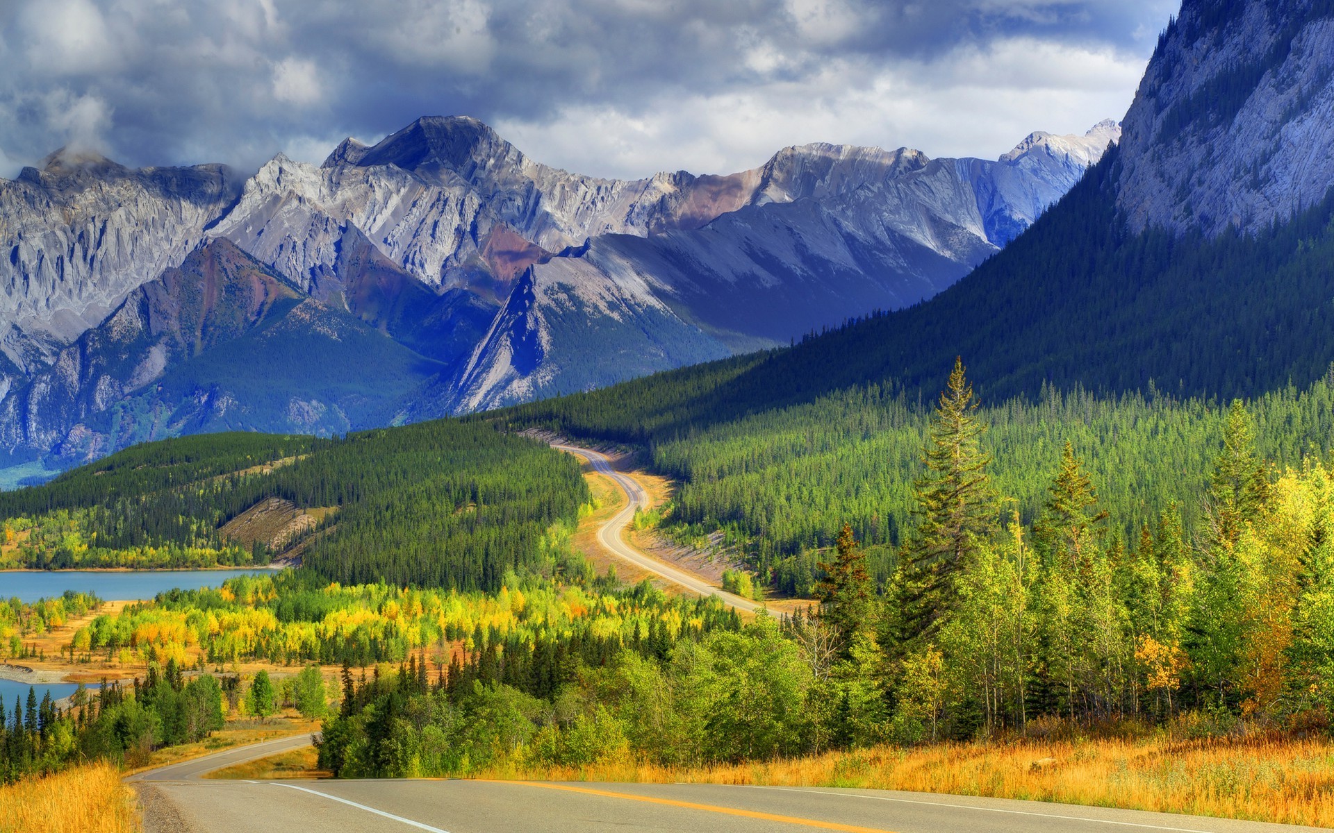nature, Landscape, Mountain, Trees, Forest, Lake, Clouds, Road, Canada Wallpaper