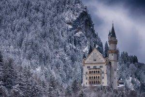 nature, Landscape, Winter, Snow, Architecture, Castle, Tower, Trees, Forest, Rock, Neuschwanstein Castle, Germany, Mountain