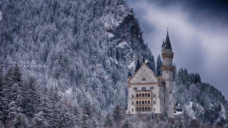 nature, Landscape, Winter, Snow, Architecture, Castle, Tower, Trees, Forest, Rock, Neuschwanstein Castle, Germany, Mountain HD Wallpaper Desktop Background