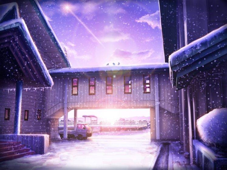 anime, Landscape, Lens Flare, Snow, Sunlight, Building HD Wallpaper Desktop Background