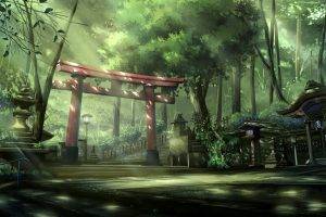 anime, Landscape, Torii, Sun Rays, Forest, Asian Architecture, Steps, Trees