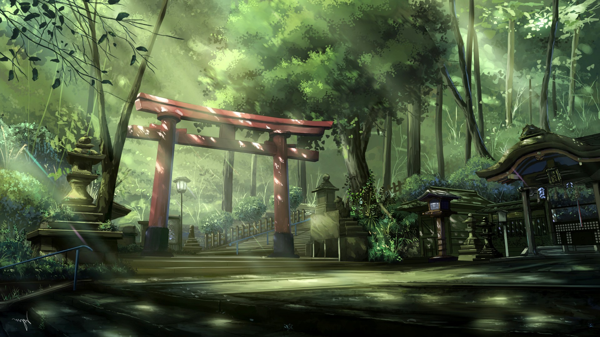 anime, Landscape, Torii, Sun Rays, Forest, Asian Architecture, Steps