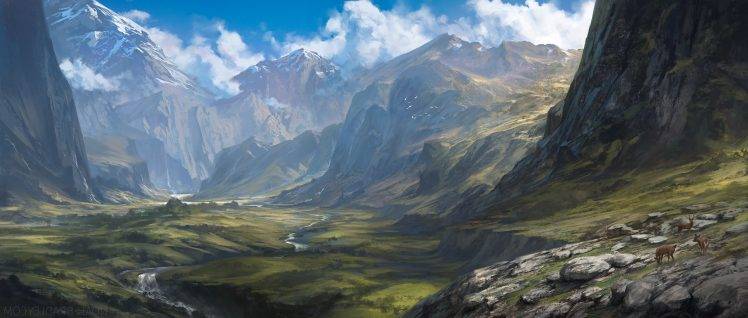 landscape, Painting, Mountain, Deer, River, Artwork HD Wallpaper Desktop Background