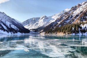 snow, Lake, Frozen Lake, Kazakhstan, Ice, Mountain, Landscape, Nature, Reflection, Snowy Peak, Valley