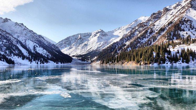snow, Lake, Frozen Lake, Kazakhstan, Ice, Mountain, Landscape, Nature, Reflection, Snowy Peak, Valley HD Wallpaper Desktop Background