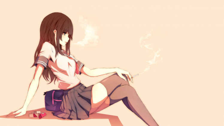 smoking, Anime Girls, School Uniform, Simple, Merontomari, Thigh highs HD Wallpaper Desktop Background