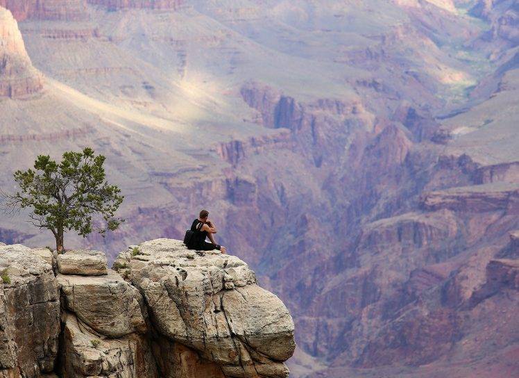 nature, Landscape, Trees, Rock, Sunlight, Men, Mountain, USA, Canyon, Depth Of Field, Cliff HD Wallpaper Desktop Background
