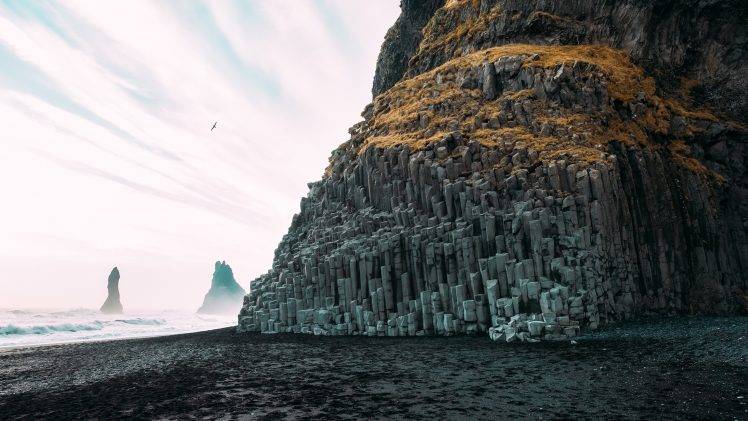 beach, Landscape, Iceland, Reynisfjara, Rock, Rock Formation, Cliff, Coast, Waves, Sea HD Wallpaper Desktop Background