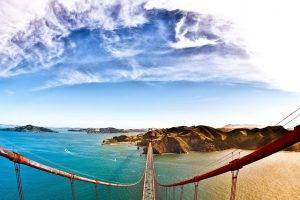 nature, Landscape, Water, Bridge, Hill, Trees, Architecture, Car, Clouds, Golden Gate Bridge, San Francisco Bay, USA, Bird’s Eye View, Top View